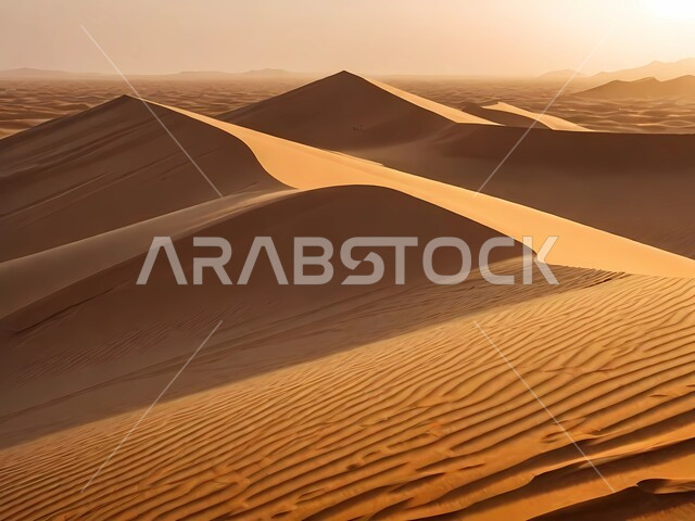 Soft sand and golden sand dunes, rock formations and formations in the desert of the Kingdom of Saudi Arabia, desert regions and the natural desert environment in broad daylight, highlands, terrain and mountain peaks in the prairies, nature background