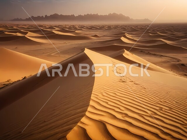 Soft sand and golden sand dunes, rock formations and formations in the desert of the Kingdom of Saudi Arabia, desert regions and the natural desert environment in broad daylight, highlands, terrain and mountain peaks in the prairies, nature background