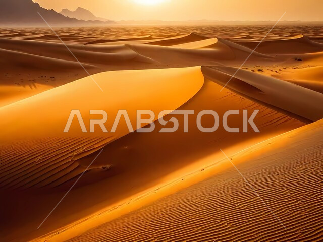 مناطق البادية والبيئة الطبيعية الصحراوية وقت غروب الشمس، المرتفعات والتضاريس والقمم الجبلية في البراري، التكوينات والتشكلات الصخرية في صحراء المملكة العربية السعودية، الرمال الناعمة والكثبان الرملية الذهبية، خلفية الطبيعة