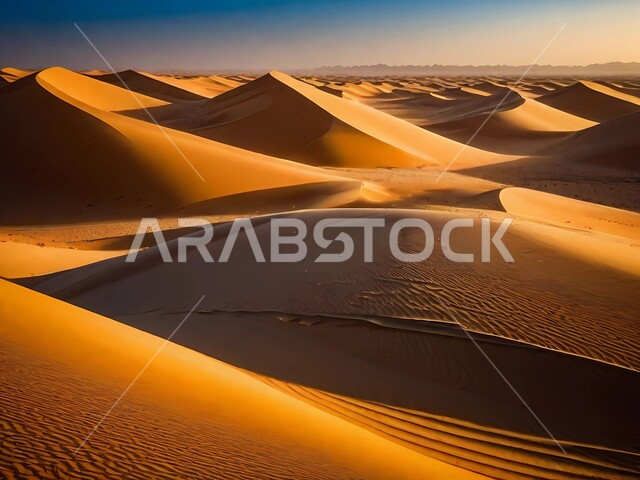 Soft sand and golden sand dunes, rock formations and formations in the desert of the Kingdom of Saudi Arabia, desert regions and the natural desert environment in broad daylight, highlands, terrain and mountain peaks in the prairies, nature background