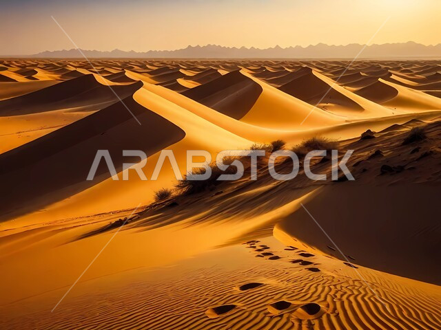 Rock formations and formations in the desert of the Kingdom of Saudi Arabia, desert regions and the natural desert environment in broad daylight, highlands, terrain and mountain peaks in the prairies, soft sand and golden sand dunes, nature background