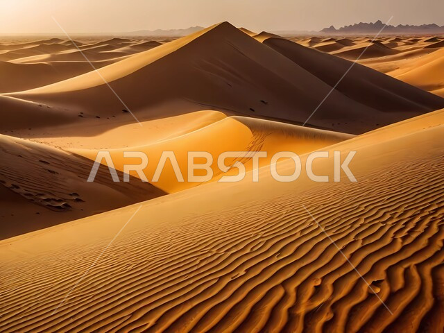 التكوينات والتشكلات الصخرية في صحراء المملكة العربية السعودية، مناطق البادية والبيئة الطبيعية الصحراوية وضح النهار، المرتفعات والتضاريس والقمم الجبلية في البراري، الرمال الناعمة والكثبان الرملية الذهبية، خلفية الطبيعة