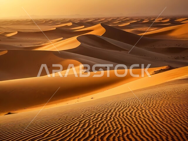 مناطق البادية والبيئة الطبيعية الصحراوية وقت غروب الشمس، المرتفعات والتضاريس والقمم الجبلية في البراري، التكوينات والتشكلات الصخرية في صحراء المملكة العربية السعودية، الرمال الناعمة والكثبان الرملية الذهبية، خلفية الطبيعة