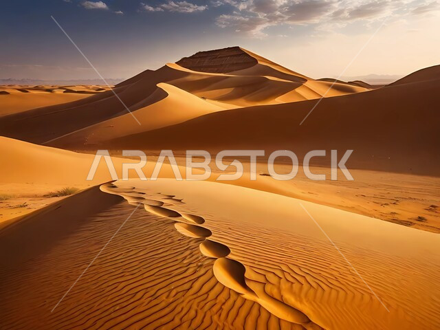 التكوينات والتشكلات الصخرية في صحراء المملكة العربية السعودية، مناطق البادية والبيئة الطبيعية الصحراوية وضح النهار، المرتفعات والتضاريس والقمم الجبلية في البراري، الرمال الناعمة والكثبان الرملية الذهبية، خلفية الطبيعة