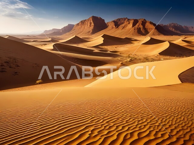 التكوينات والتشكلات الصخرية في صحراء المملكة العربية السعودية، مناطق البادية والبيئة الطبيعية الصحراوية وضح النهار، المرتفعات والتضاريس والقمم الجبلية في البراري، الرمال الناعمة والكثبان الرملية الذهبية، خلفية الطبيعة