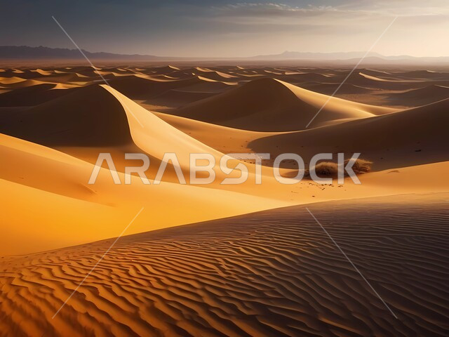 مناطق البادية والبيئة الطبيعية الصحراوية وقت غروب الشمس، المرتفعات والتضاريس والقمم الجبلية في البراري، التكوينات والتشكلات الصخرية في صحراء المملكة العربية السعودية، الرمال الناعمة والكثبان الرملية الذهبية، خلفية الطبيعة