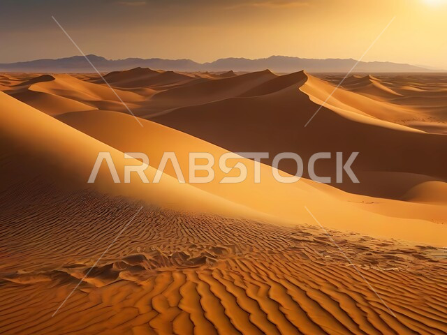 مناطق البادية والبيئة الطبيعية الصحراوية وقت غروب الشمس، المرتفعات والتضاريس والقمم الجبلية في البراري، التكوينات والتشكلات الصخرية في صحراء المملكة العربية السعودية، الرمال الناعمة والكثبان الرملية الذهبية، خلفية الطبيعة