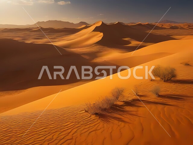 المرتفعات والتضاريس والقمم الجبلية في البراري، التكوينات والتشكلات الصخرية في صحراء المملكة العربية السعودية، الرمال الناعمة والكثبان الرملية الذهبية، مناطق البادية والبيئة الطبيعية الصحراوية، خلفية الطبيعة