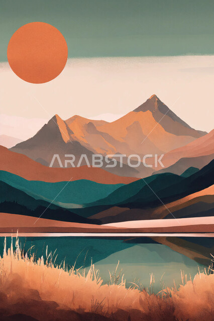 تصاميم وديكورات داخلية للجدران، رسمة للجبال والمرتفعات المطلة على بحيرة مائية وقت غروب الشمس، رسومات فنية لورق حائط ثلاثي الأبعاد، خلفية جدارية ملونة