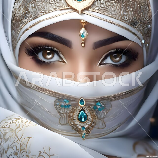 ابراز العيون المكحلة السوداء، مفهوم الحياء والستر، رسوم ثلاثية الأبعاد مقربة لوجه إمرأة عربية سعودية خليجيه محجبه تقوم بوضع اللثام الأبيض على وجهها، نظرات الأنوثه الناعمه، النظر الى الكاميرا بإيماءات الخجل