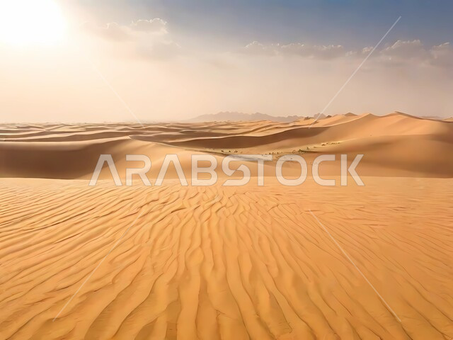 منظر السماء الملبدة بالغيوم في مناطق البادية، البيئة الطبيعية الصحراوية في الواحات، المرتفعات والتضاريس والقمم الجبلية في البراري، التكوينات والتشكلات الصخرية في صحراء المملكة العربية السعودية، الرمال الناعمة والكثبان الرملية الذهبية، خلفية الطبيعة