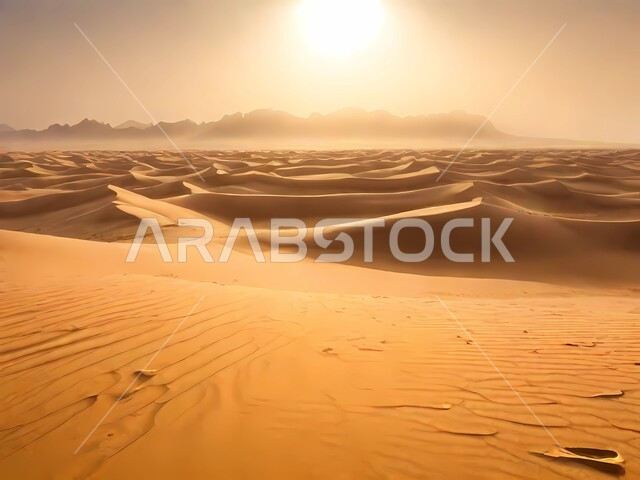 مناطق البادية والبيئة الطبيعية الصحراوية وقت غروب الشمس، المرتفعات والتضاريس والقمم الجبلية في البراري، التكوينات والتشكلات الصخرية في صحراء المملكة العربية السعودية، الرمال الناعمة والكثبان الرملية الذهبية، خلفية الطبيعة