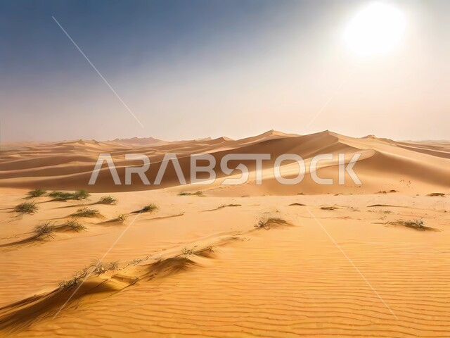Sunset on soft sand and golden sand dunes, terrain, heights and mountain peaks in the prairies, formations and rock formations in the desert of the Kingdom of Saudi Arabia, desert regions and the desert natural environment, nature backgrounds