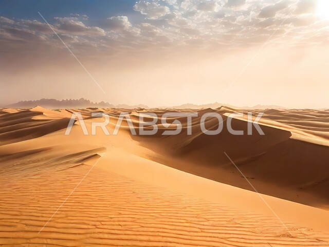 الرمال الناعمة والكثبان الرملية الذهبية، التضاريس والمرتفعات والقمم الجبلية في البراري، التكوينات والتشكيلات الصخرية في صحراء المملكة العربية السعودية، منظر السماء الملبدة بالغيوم، مناطق البادية والبيئة الطبيعية الصحراوية، خلفيات الطبيعة .