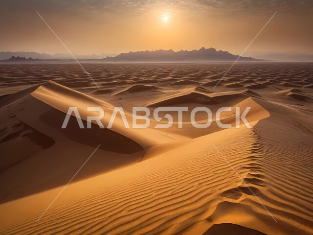 منظر غروب الشمس على الرمال الناعمة والكثبان الرملية الذهبية، التضاريس والمرتفعات والقمم الجبلية في البراري، التكوينات والتشكيلات الصخرية في صحراء المملكة العربية السعودية، مناطق البادية والبيئة الطبيعية الصحراوية، خلفيات الطبيعة .