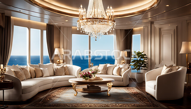 أشعة الشمس المضيئة من النوافذ والواجهات الزجاجية، غرفة معيشة بتصاميم وديكورات داخليه عصرية حديثة، غرف جلوس بأثاث منزلي راقي، فلل و قصور سكنية, تحف وإكسسوارات فاخره، فنادق ومنتجعات أنيقة بإطلالة بحرية.