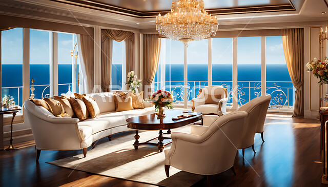 أشعة الشمس المضيئة من النوافذ والواجهات الزجاجية، غرفة معيشة بتصاميم وديكورات داخليه عصرية حديثة، غرف جلوس بأثاث منزلي راقي، فلل و قصور سكنية, تحف وإكسسوارات فاخره، فنادق ومنتجعات أنيقة بإطلالة بحرية.