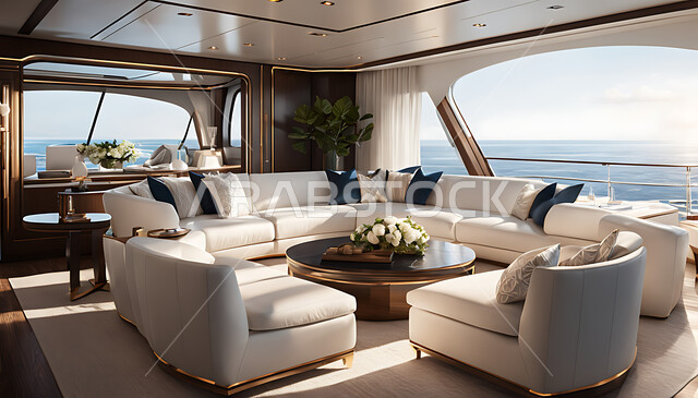 A luxury yacht with modern interior designs and decorations, a living room with upscale home furnishings, elegant hotels and resorts with a sea view, bright sunlight from windows and glass facades, residential villas and palaces, antiques and luxury accessories.