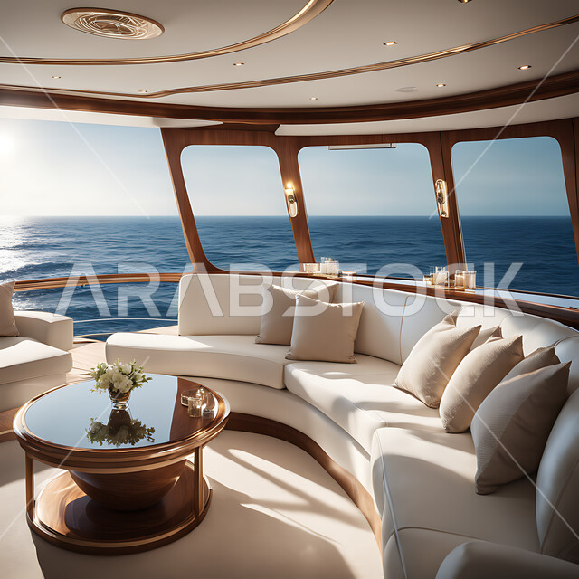A luxury yacht with modern interior designs and decorations, a living room with upscale home furnishings, elegant hotels and resorts with a sea view, bright sunlight from windows and glass facades, residential villas and palaces, antiques and luxury accessories.