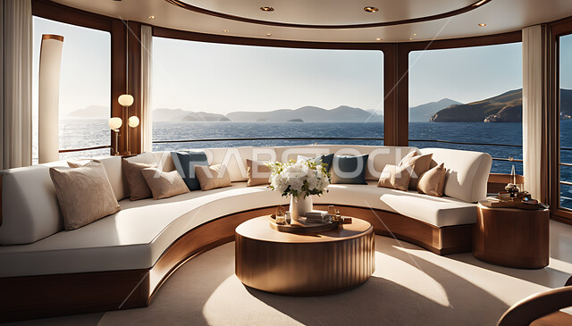 Residential villas and palaces, a luxury yacht with modern interior ...