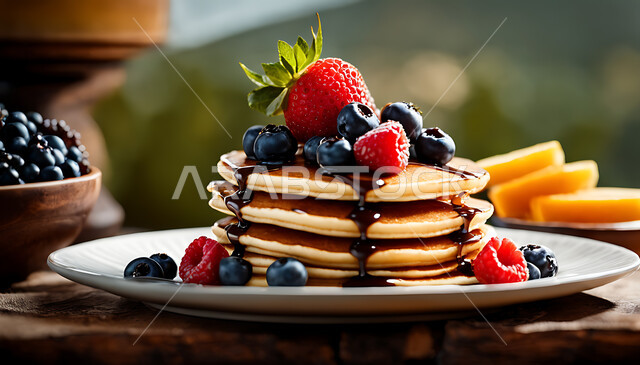 وجبة فطور خفيفة، قطعة حلا قهوة شهية، حلى البان كيك المزينة بالتوت البري والفراولة تقطر بالشوكولاته السائحة، حلويات باردة لذيذة، سكريات و أطعمه ذات سعرات حراريه عاليه، سناك صحي لذيذ بين الوجبات