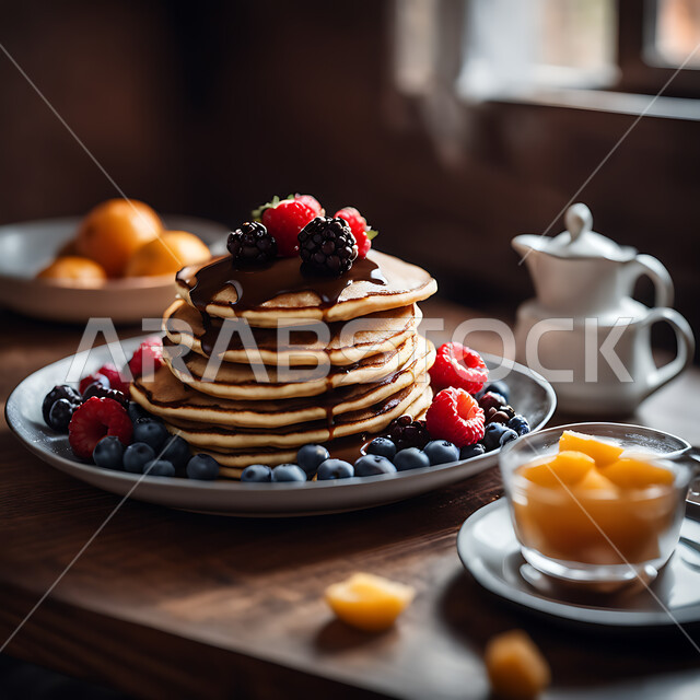 سكريات و أطعمه ذات سعرات حراريه عاليه، وجبة فطور خفيفة، قطعة حلا قهوة شهية، حلى البان كيك المزينة بالتوت البري تقطر بالشوكولاته السائحة، حلويات باردة لذيذة، سناك صحي لذيذ بين الوجبات
