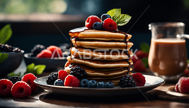 سكريات و أطعمه ذات سعرات حراريه عاليه، وجبة فطور خفيفة، قطعة حلا قهوة شهية، حلى البان كيك المزينة بالتوت البري تقطر بالشوكولاته السائحة، حلويات باردة لذيذة، سناك صحي لذيذ بين الوجبات