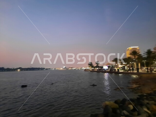 الواجهة البحرية في السعودية، الاستمتاع برحلة صيفية مميزة ، منظر كورنيش جدة وقت غروب الشمس، الأماكن السياحية الترفيهية في المملكة، مركز جذب واستقطاب السائحين من العالم، الاهتمام في زراعة أشجار النخيل، خلفيات الطبيعة.