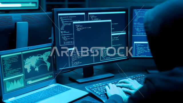 احتراف وظائف الحاسوب وتكنولوجيا المعلومات، صورة مقربة لشاب عربي سعودي خليجي يجلس امام جهاز الكمبيوتر، تعلم لغات البرمجة، تطوير وبناء المواقع والتطبيقات الالكترونية، اكواد وخوارزميات برمجية