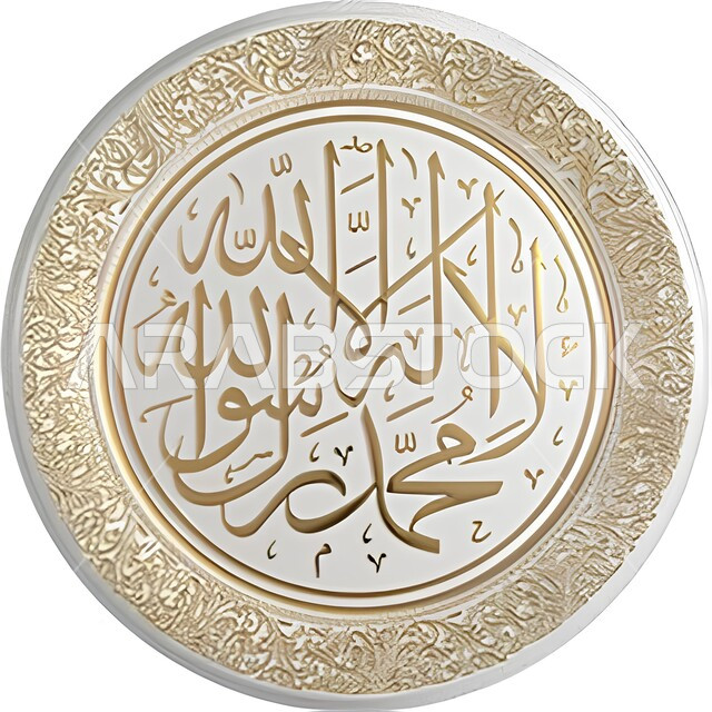 زخارف ونقوش اسلامية, قالب تصميم ديني, مخطوطة بالخط العربي للشهادتين, لا إله إلا الله محمد رسول الله, لوحات جدارية فنية, خلفية بيضاء