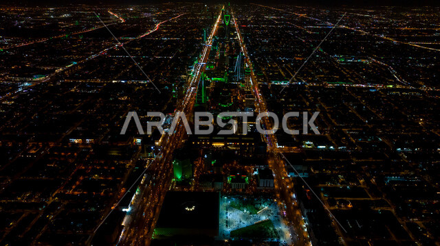 المناسبات والأعياد الوطنية، استذكار يوم التأسيس السعودي 1727, فعاليات اليوم الوطني السعودي في 23 سبتمبر، الابراج وناطحات السحاب في وقت الليل، التقدم والتوسع العمراني لأفق مدينة الرياض في المملكة العربية السعودية، معالم تجارية واقتصادية مشهورة