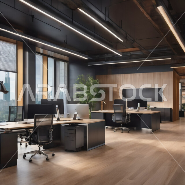 Office rooms with distinctive decor, modern designs and modern equipment, luxury office furniture, interior design and architecture arts, business meetings in upscale companies.