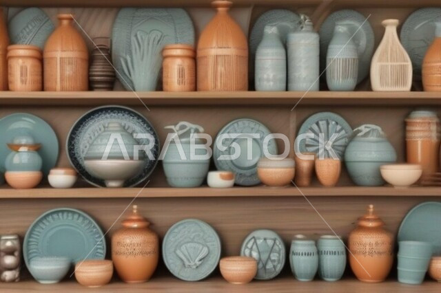 أواني فخارية شعبية, جرات مصنوعة من الطين الملون, أعمال وأدوات مطبخ بتصاميم خليجية, الحرف والصناعات التراثية اليدوية في المملكة العربية السعودية