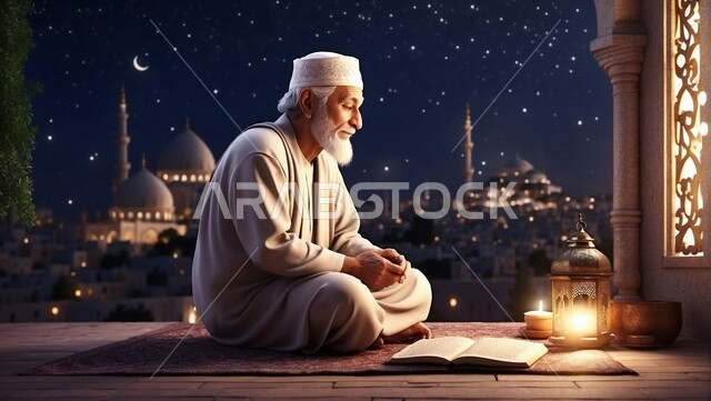 الجلسات الاسلامية الروحانية الهادئة في شهر رمضان المبارك,  رجل كبير بالسن عربي خليجي سعودي يرتدي الزي التقليدي يجلس في إحدى المساجد في المملكة العربية السعودية, رسومات ثلاثية الأبعاد بقوالب دينية, العبادة والتقرب إلى الله تعالى, اسلاميات وعبادة