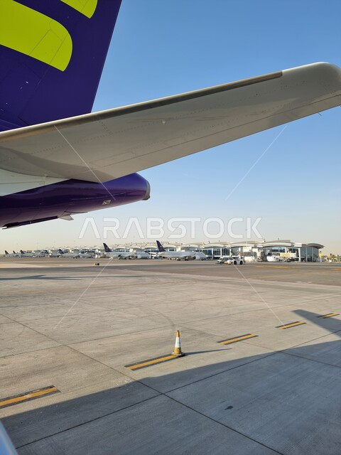 Providing advanced services for easy movement between countries, a fleet of aircraft at King Khalid International Airport in Riyadh, the concept of tourism and travel, Saudi airlines and companies, means of transportation and air transportation.