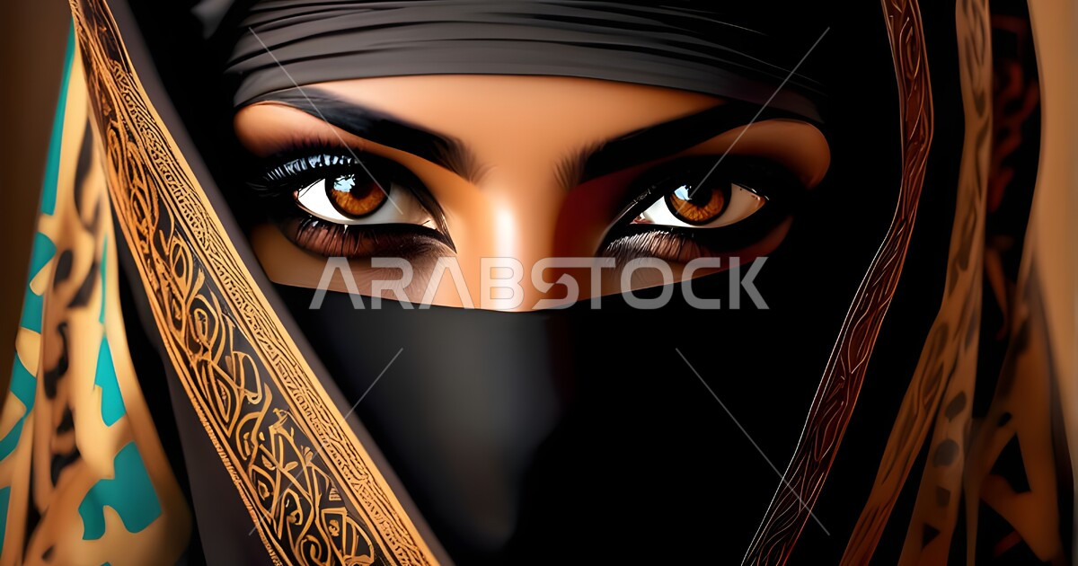 The concept of covering and modesty, a close-up photo of a Saudi Gulf ...