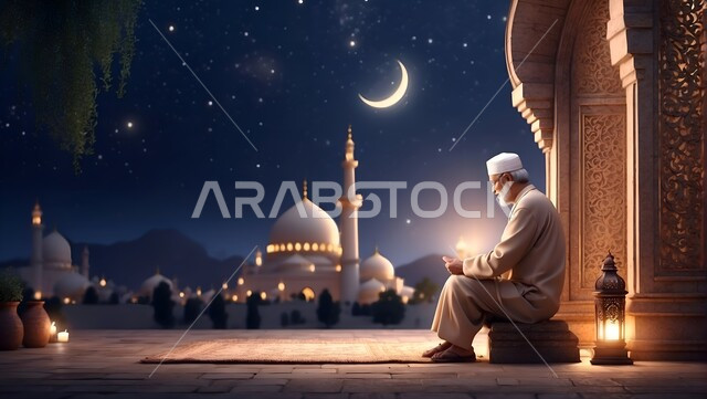 ليالي شهر رمضان المبارك، صورة مقربة لرجل كبير السن يجلس بجوار المسجد، تجسيد جوهر الإسلام والعبادة والتقرب إلى الله بالعمل الصالح، تصميم ثلاثي الأبعاد لجامع مضيء، خلفيات الطبيعة والشهب والنجوم والهلال.