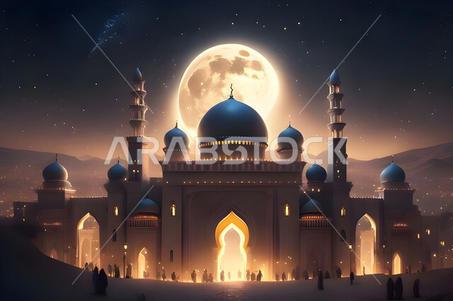 الذهاب إلى الجامع لتجسيد جوهر الإسلام والعبادة والتقرب إلى الله بالعمل الصالح، ليالي شهر رمضان المبارك، صورة مقربة للتصاميم ثلاثية الأبعاد لجامع مضيء ليلا، خلفيات الطبيعة والشهب والنجوم والبدر.