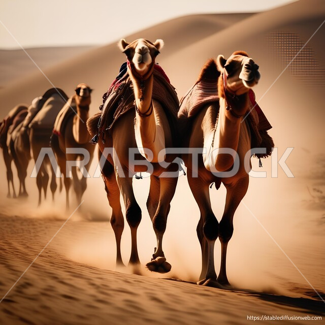 الاهتمام بالثدييات في المملكة، صورة مقربة لمجسمات ثلاثية الابعاد لحيوان الجمل الاليف في الصحراء, تربية المواشي والحيوانات في المحميات الطبيعيه, رسومات بيانية ثري دي, خلفية مجموعة من الناقات تمشي في البادية .