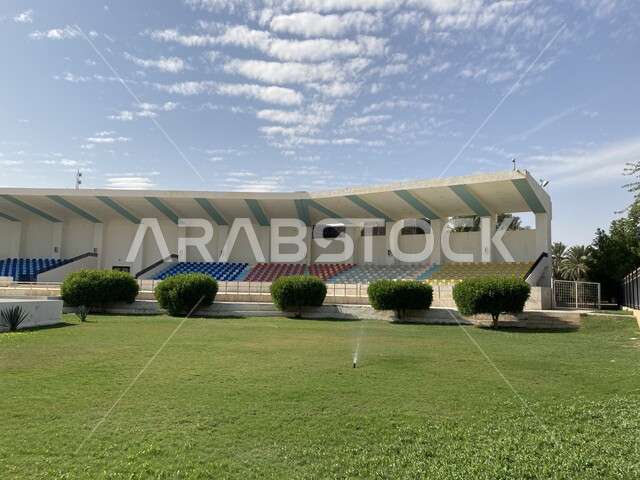 الفن الهندسي المعماري في البناء، تقدم وتطور الإنتاج المحلي الوطني، المساحات الخضراء الواسعة، أماكن ومعالم ومنتزهات طبيعية سياحية مشهورة، صورة مقربة للمباني والمدرجات في القصيم في المملكة العربية السعودية، مزارع نخيل الصباخ في بريدة 