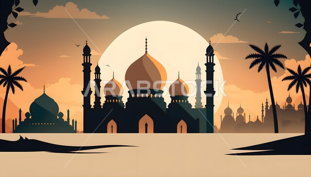  لوحات ابداعية اسلامية، رسم توضيحي بالالوان المائية لأحد المساجد ليلا، لوحة جدارية بتصاميم زيتية، الذهاب إلى الجامع لتجسيد جوهر الإسلام والعبادة والتقرب إلى الله بالعمل الصالح، ليالي شهر رمضان المبارك، خلفيات الطبيعة والنجوم والبدر