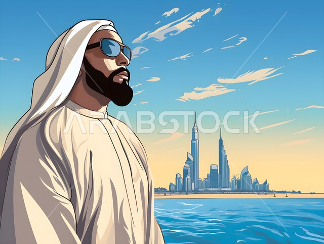 The concept of masculinity and self-confidence, interest in elegance and external appearance, a close-up image of an Emirati Gulf Arab man wearing a traditional dress and sunglasses looking at something, spending a pleasant summer vacation, the architectural art of the Dubai Towers, the sea background