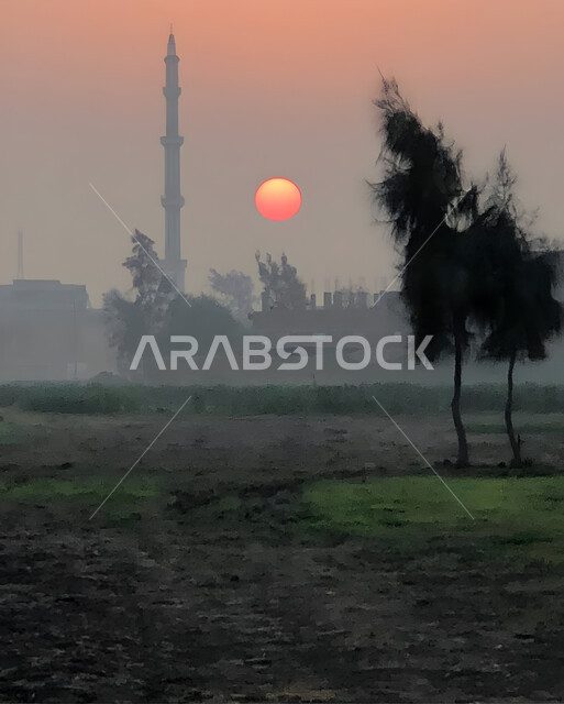 منظر لكسوف الشمس في السماء، العبادة والتقرب الى الله، شمس الغروب بالقرب من مئذنة المسجد، زراعة الأشجار والنباتات الخضراء في حقول المملكة العربية السعودية، خلفية الطبيعه