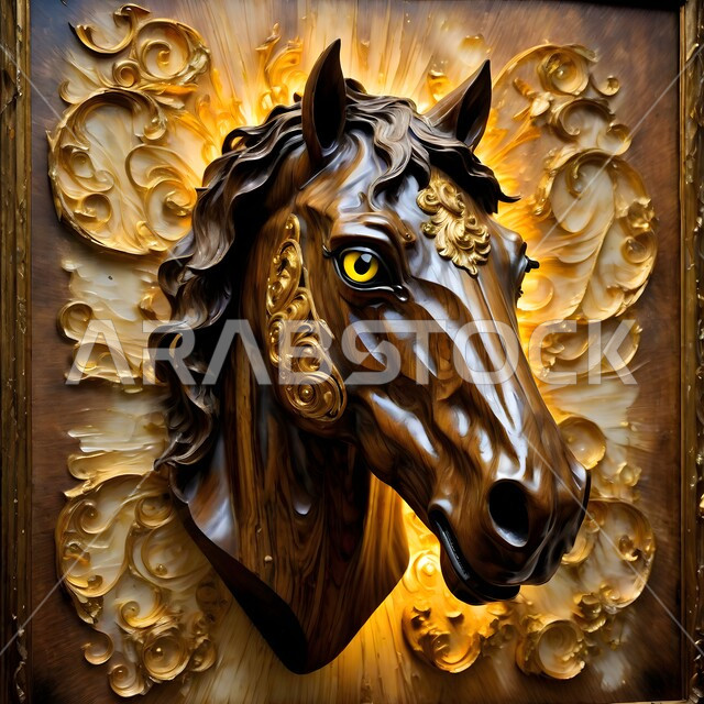 مجسم ثلاثي الأبعاد لحصان بني عربي اصيل، تصاميم جدارية فنية للديكورات والمجسمات التراثية التقليدية، رمز الفروسية والشجاعه، خلفية زخارف ثري دي، حب الخيول العربية السعودية