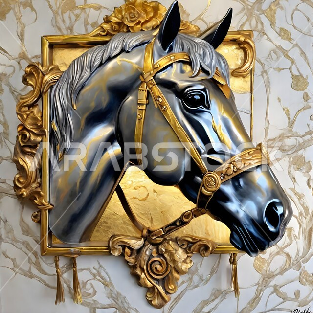 تصاميم جدارية فنية للديكورات والمجسمات التراثية التقليدية، مجسم ثري دي لحصان رمادي عربي اصيل في إطار ذهبي، رمز الفروسية والشجاعه، خلفية زخارف ثلاثية الأبعاد، حب الخيول العربية السعودية