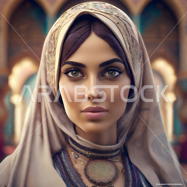 مفهوم النعومة والأنوثة، أناقة النساء السعوديات، أزياء محجبات تقليدية راقية، صورة مقربة لإمرأة عربية خليجية سعودية محجبة ترتدي لباس شعبي تراثي تنظر الى الكاميرا بإيماءات الجدية والثقة بالنفس، صورة شخصية للوثائق الرسمية