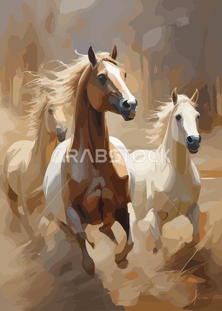 رسوم ثلاثية الأبعاد لخيليين عربيين أصيليين سعوديين، توارث حب الجياد بين الأجيال، ايماءات القفز والركض بسرعة، مزارع ومحميات طبيعية لتربية وترويض الحيوانات والأحصنة