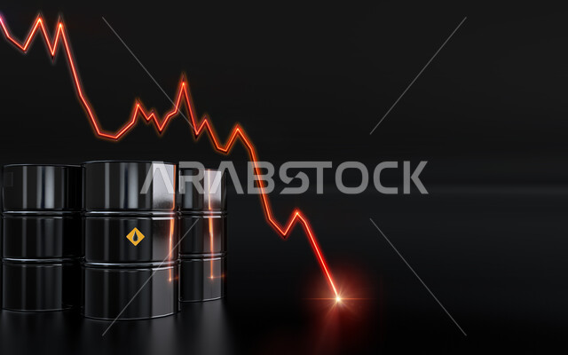The collapse of oil prices, changes in commodity prices and underground wealth, a modern electronic screen background for the rise and fall of the stock index, the impact of the Corona virus pandemic on the oil market, a 3D image of oil barrels and the crash of the price chart, a black background