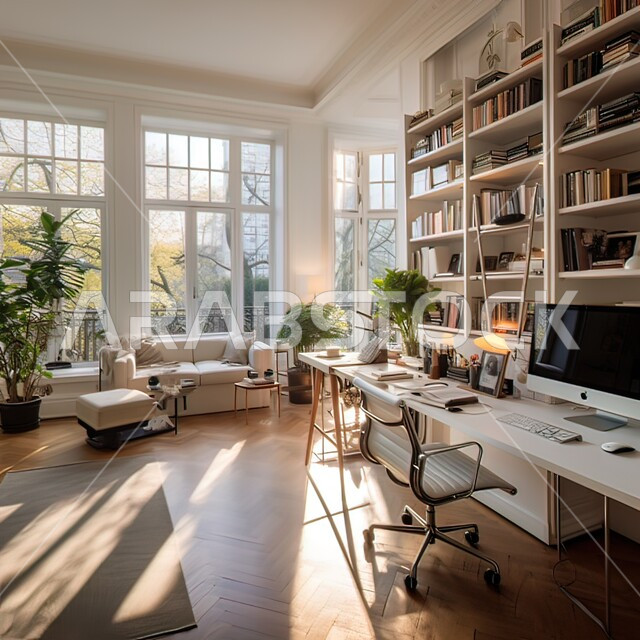 Modern modern designs for Saudi corporate offices, office rooms with interior design and elegant white decorations, architectural engineering art, reading and sitting rooms, a work office with a glass facade overlooking the green nature in broad daylight.