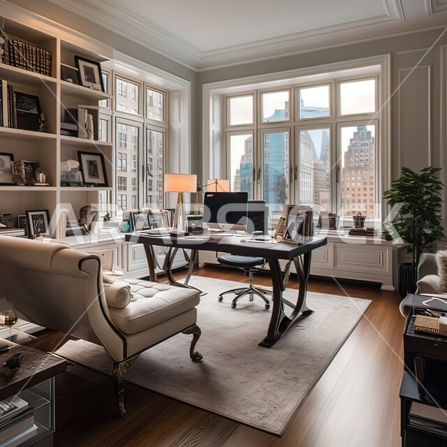 تصميم عصري حديث لمكاتب الشركات السعودية، غرف مكتبية بتصاميم داخلية وديكورات بيضاء راقية، الفن الهندسي المعماري، غرف القراءة والجلوس، مكتب عمل بواجهه زجاجية مطلة على  الأبراج وناطحات السحاب في وضح النهار